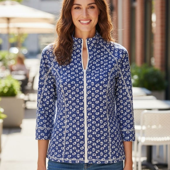 Weekends By Chico's -NWT Blue Paisley Zip Up Jacket W/3/4 Sleeves Pockets,Size 0 - Picture 2 of 12